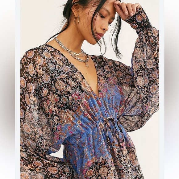 Free People Boho Floral Print Mini Dress Tunic M - Picture 1 of 7